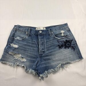 Abercrombie & Fitch High Rise Shorts Womens 8 Blue Denim Cutoff Raw Hem Floral